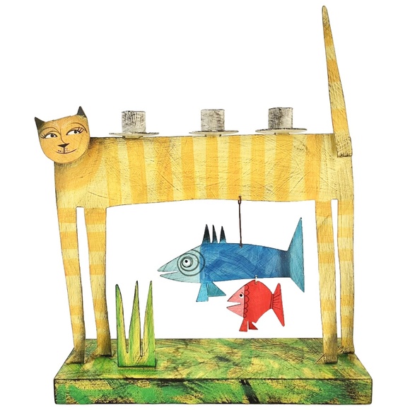 ACME Animal Canada Cat With hanging Fishes, 3 Candle Holder Handcrafted Signed - Picture 3 of 14
